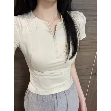 半拉链圆领短袖T恤女夏季小个子短款修身百搭外穿紧身瑜伽服上衣商品大图