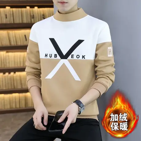 秋冬季长袖T恤男加绒加厚半高领卫衣潮流中领体恤打底衫冬装上衣商品大图