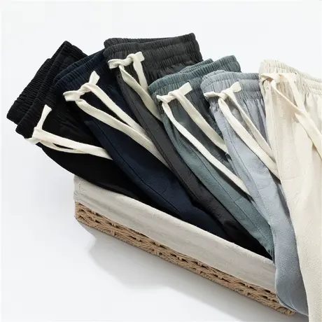 棉麻裤子男士夏季薄款宽松直筒冰丝高端亚麻九分裤潮牌大码高级感商品大图