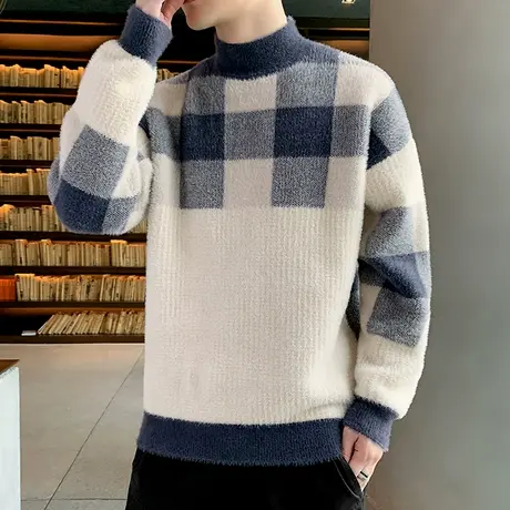 秋冬季男士韩版毛衣潮流仿水貂绒针织衫学生半高领加厚保暖线衣服商品大图