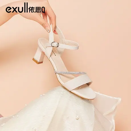 依思q女士凉鞋女款夏季2024年新款中跟一字带女时装鞋妈妈高跟鞋图片