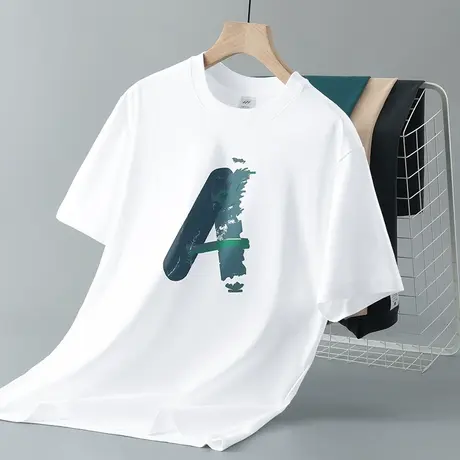 美式重磅纯棉t恤男短袖圆领白色上衣服宽松潮流印花全棉半袖体恤商品大图