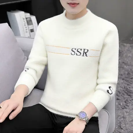 水貂绒羊毛衣2023新款男士半高领保暖毛线衣冬季加绒加厚打底衫潮商品大图