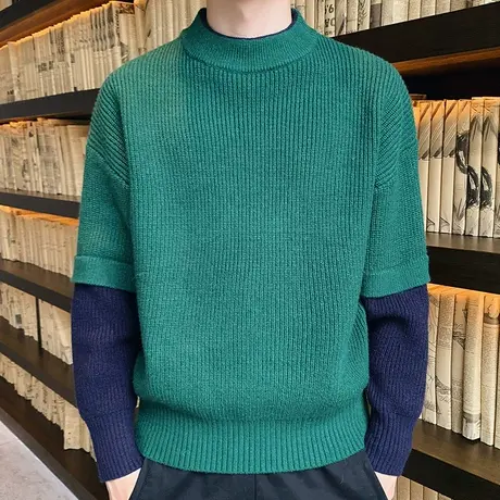 冬装加厚半高领毛衣男士2023潮流针织衫线衣加绒打底衫男衣服ins商品大图