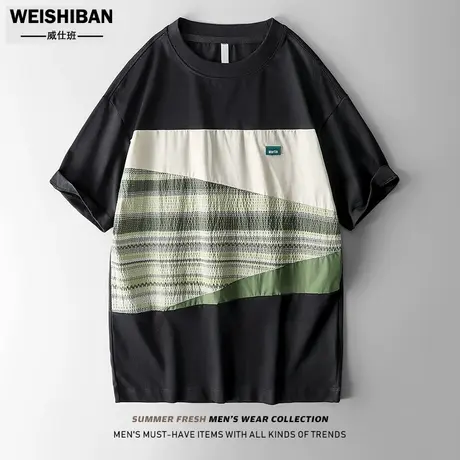 潮流拼接短袖男ins原宿风个性拼接贴布宽松t恤男高街港风五分袖男商品大图