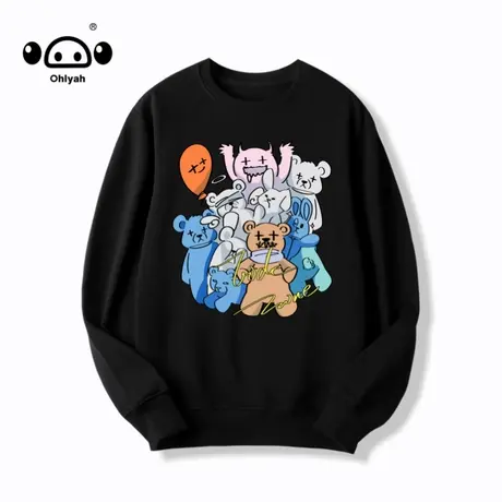 秋季简约纯棉小熊印花卫衣女潮牌宽松情侣休闲圆领套头打底衫上衣商品大图