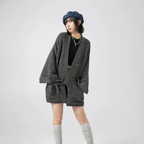 潮牌设计感慵懒风开衫毛衣女秋冬2023年新款小众宽松复古系带外套商品大图