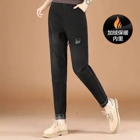 韩潮袭人松紧腰格子加绒牛仔裤女2023冬新款宽松显瘦加厚哈伦长裤商品大图