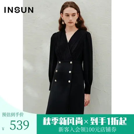 恩裳2023春季新款优雅气质裙子仿醋酸压褶V领长袖连衣裙图片