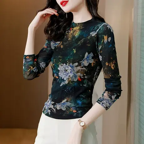 2023秋装新款半高领打底衫女内搭长袖时尚印花T恤ins性感网纱上衣商品大图