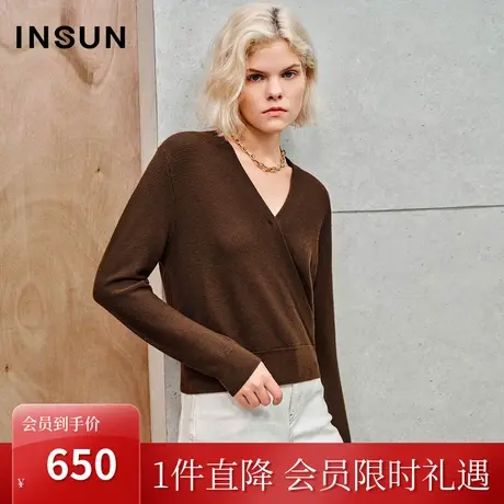 恩裳2023秋装新款重工过令士羊毛斜门襟交叉领美拉德休闲针织衫女商品大图