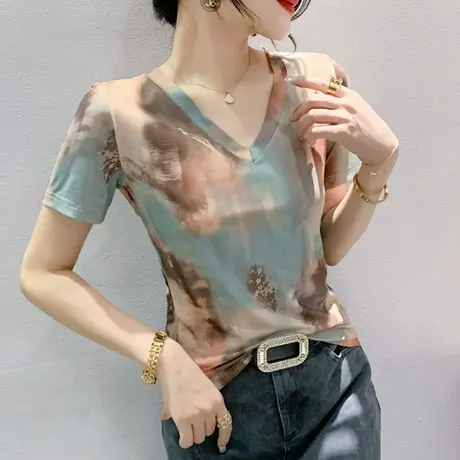 欧货印花网纱T恤女短袖2023夏季新款性感V领小衫时尚洋气修身上衣商品大图
