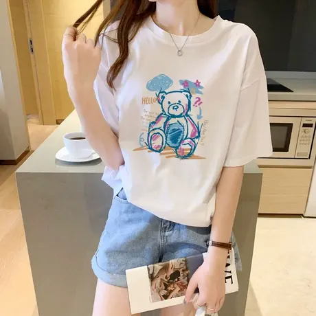 小熊短袖t恤女夏季2023新款设计感小众宽松半袖体恤薄款纯棉上衣商品大图