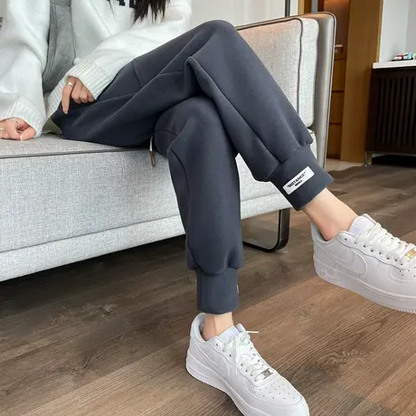 双面毛呢运动裤女束脚2023秋冬新款高腰宽松显瘦加厚休闲防风卫裤商品大图