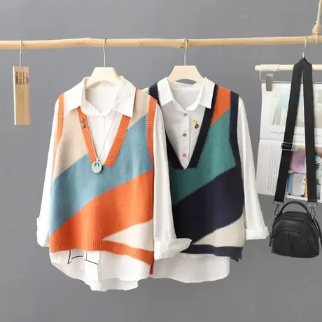2023年秋装新款小众拼色宽松V领套头针织马甲背心女洋气坎肩毛衣商品大图