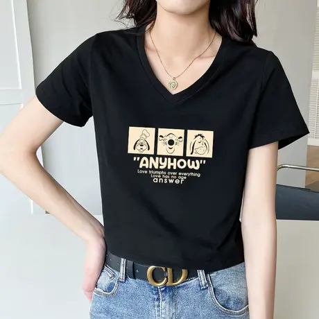 2022年新款夏季t恤女V领正肩袖显瘦纯棉上衣潮打底衫女内搭设计感商品大图