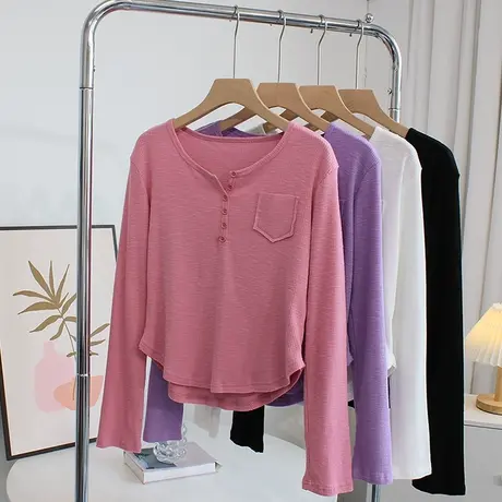 显瘦小蛮腰~露锁骨短款t恤女春秋季纽扣半开领修身长袖打底衫上衣商品大图