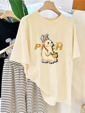 清仓加大码夏季纯棉宽松t恤女2023流行新款印花体恤上衣正肩百搭图片