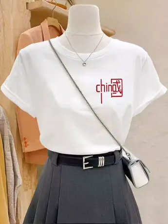 高街美式复古白色仿棉短袖t恤女夏季2023新款宽松显瘦韩版上衣潮商品大图