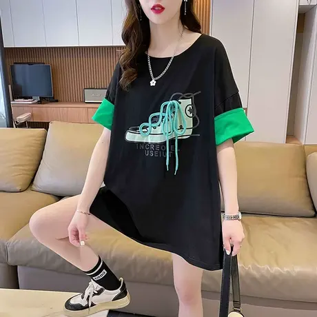 小众设计感短袖t恤女夏季韩版宽松大码女装中长款半袖假两件上衣图片