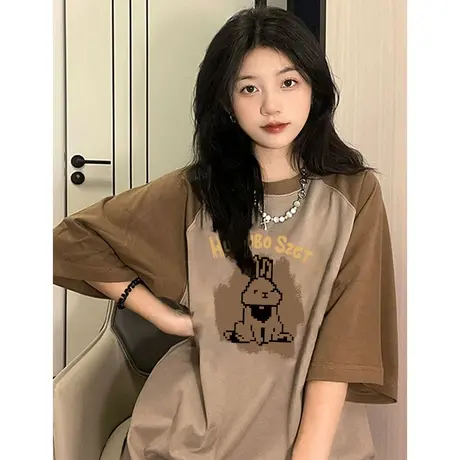 撞色插肩袖纯棉短袖t恤女夏季美式复古oversize设计感宽松上衣服商品大图