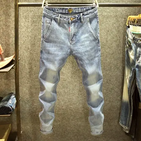 浅蓝色赤耳丹宁牛仔裤男高端修身小直筒裤日系潮牌斜口袋设计裤子图片