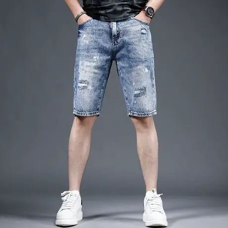 破洞牛仔短裤男潮牌夏季宽松潮流泼墨无弹力休闲男士中裤五分裤商品大图