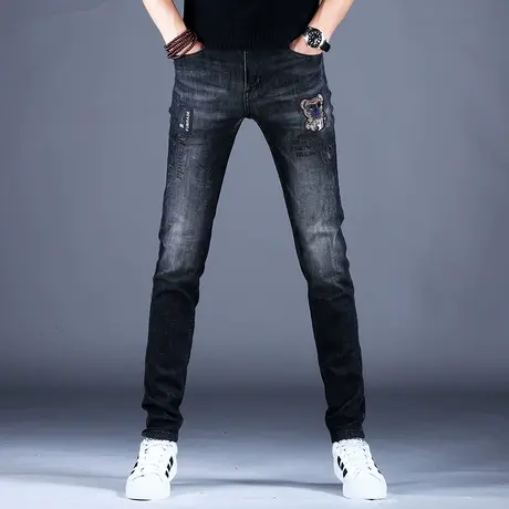 2023百搭新款牛仔裤子黑色时尚小熊刺绣精致修身小脚裤男潮牌百搭商品大图