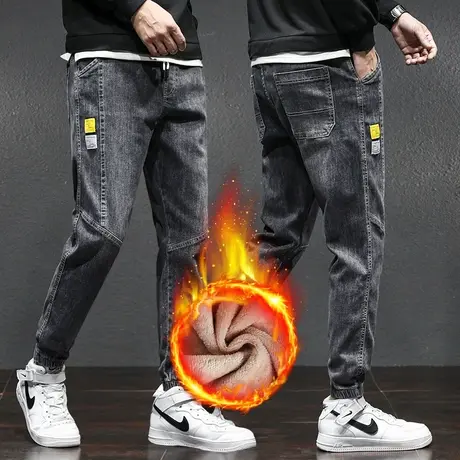 男士加绒裤子休闲长裤牛仔裤男裤潮牌加厚秋冬款冬季工装哈伦外穿商品大图