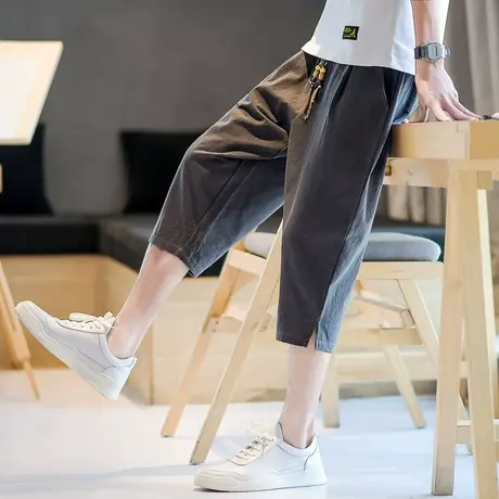 亚麻七分裤男士夏季薄款透气直筒裤子大码棉麻短裤休闲运动八分裤商品大图