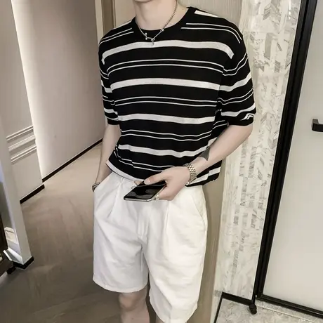 ins夏季条纹针织短袖T恤男韩版宽松圆领冰丝凉感半袖打底衫上衣潮商品大图