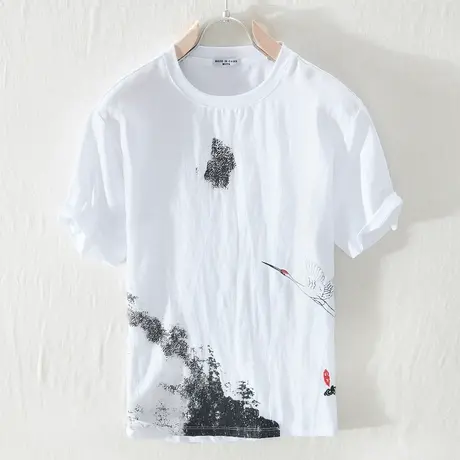 男士t恤夏季薄款宽松短袖男亚麻圆领白色半袖体恤棉麻汗衫打底衫商品大图