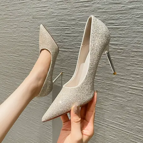 2023年春季新款银色性感尖头高跟鞋女细跟气质百搭仙女风浅口单鞋商品大图