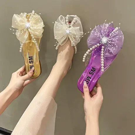 新款蝴蝶结网纱防滑包头半拖鞋外穿平底学生懒人仙女风网红凉拖商品大图