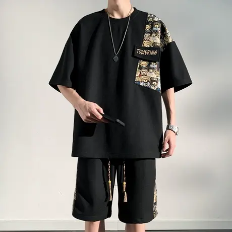 中国风套装男夏季美式复古华夫格短袖短裤两件套男装帅气一套衣服商品大图