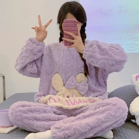 珊瑚绒套头睡衣女秋冬法兰绒女士加绒加厚家居服冬季2023新款冬款图片