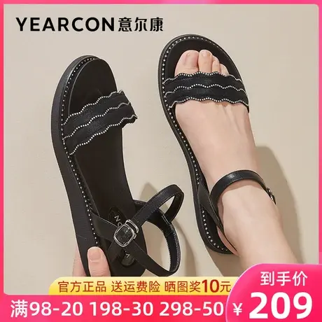 意尔康凉鞋女2023年夏季新款中跟坡跟女款平底配裙子一字带仙女风图片