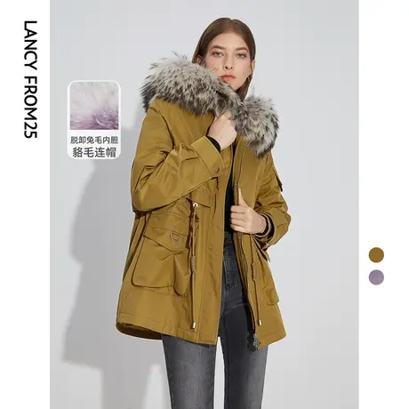 朗姿连帽轻奢兔毛内胆貉子真毛皮草毛领冬季新款派克服外套大衣女图片