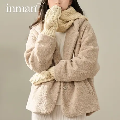 茵曼毛绒绒小熊连帽外套女2023年冬季新款保暖加厚羊羔毛棉衣棉服图片