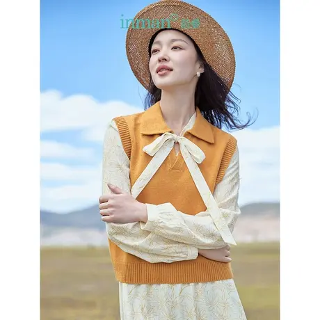 茵曼田园风POLO领背心马甲2023秋女装新款宽松显瘦易搭针织毛衣图片
