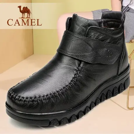 Camel/骆驼女鞋冬季牛皮加绒保暖坡跟真牛皮短筒妈妈休闲女靴子图片
