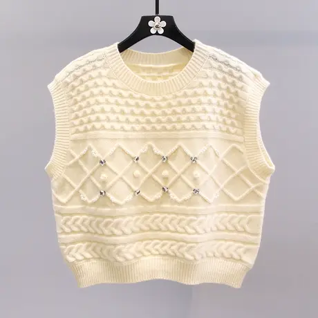 韩系设计感珍珠镶钻针织马甲女夏季2023新款复古洋气宽松马夹背心商品大图