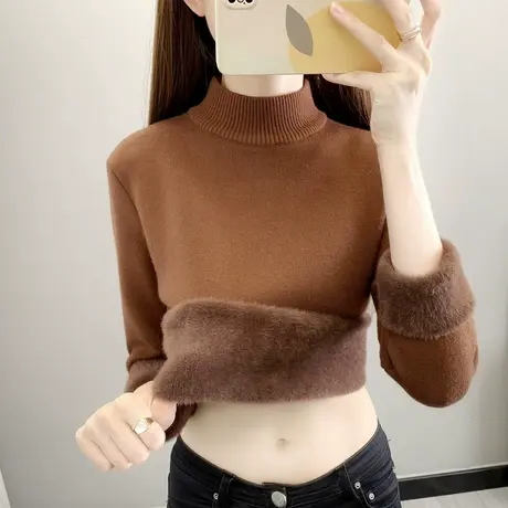加绒加厚半高领毛衣打底衫女一体绒秋冬季2022新款内搭中领针织衫图片