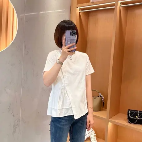 短袖T恤女夏季2023新款设计感不规则拼接褶皱边下摆圆领上衣体恤商品大图