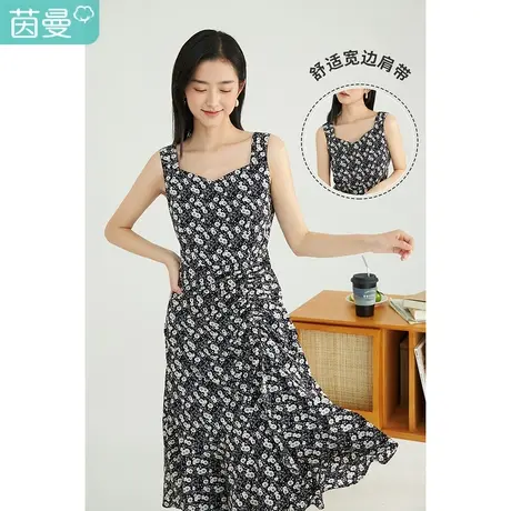 茵曼休闲女2023年春季新款潮印花方领伞裙抽皱气质a字背心连衣裙商品大图