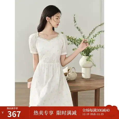 【商场同款】茵曼田园连衣裙2023夏女装新款绣花方领灯笼袖裙子图片