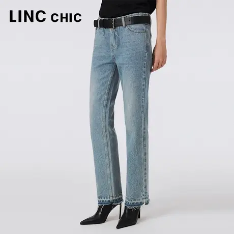 LINCCHIC金羽杰直筒牛仔裤女2023年秋季新款中腰蓝色微喇裤长裤商品大图