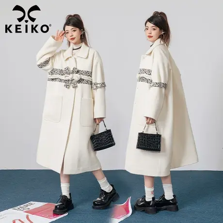 KEIKO 设计感提花拼色毛呢大衣女2023秋冬新中式改良长款呢子外套图片