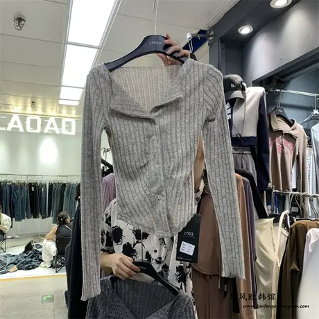 纯欲风辣妹坑条开衫女223秋韩系时髦收腰百搭显瘦正肩打底上衣T潮商品大图