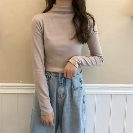 洋气内搭半高领白色长袖t恤百搭黑色打底衫春秋冬季加绒上衣女装图片